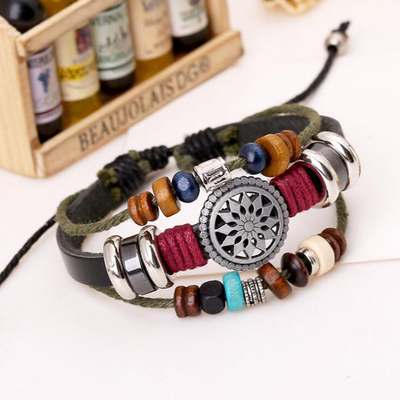 Personalized punk style multi-layered bracelet with eyes and turquoise bracelet, fashionable and versatile beads and leather rope