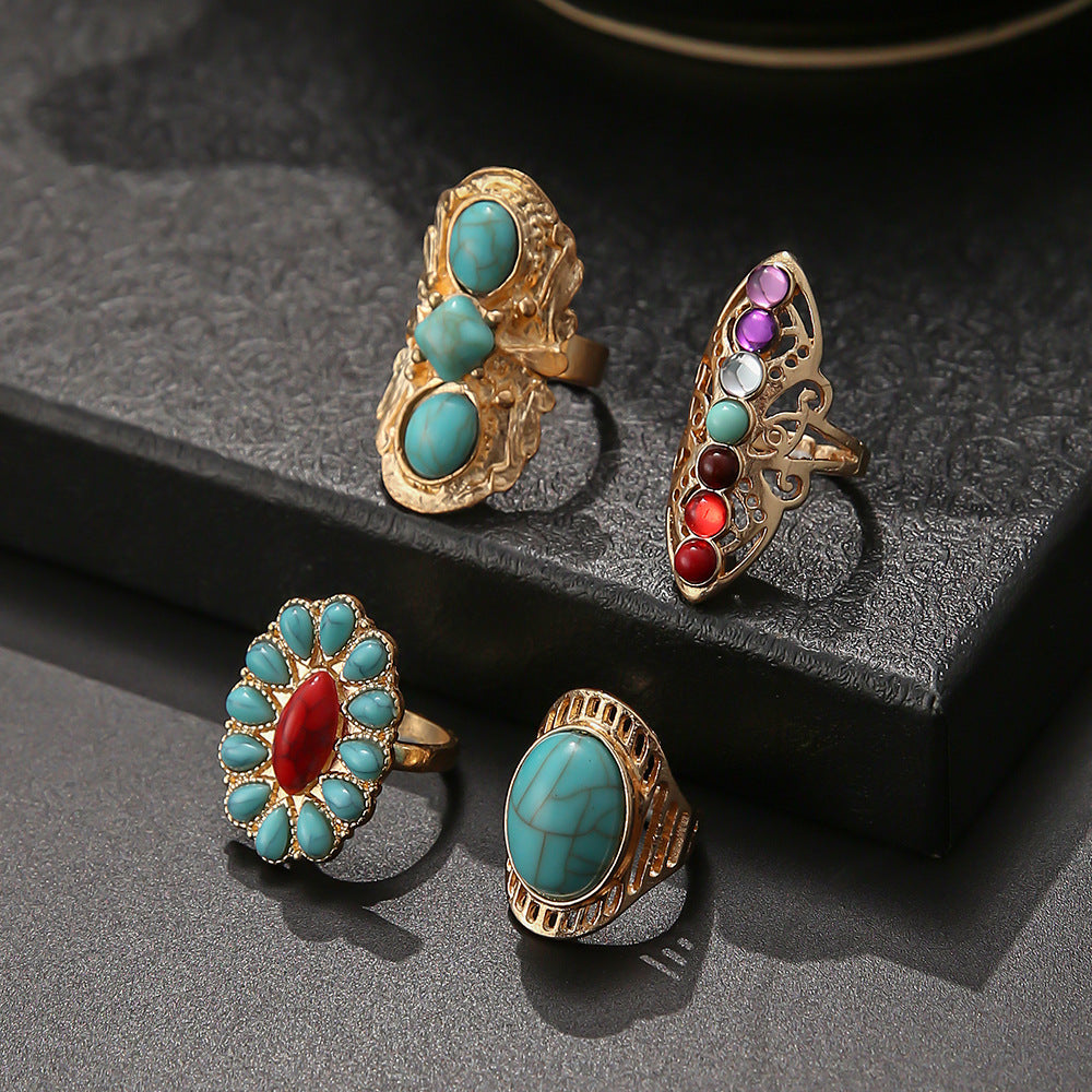 Turquoise Ring Trendy Fashionable Colorful Stone 4-piece Set Combination Knuckle Ring Accessories