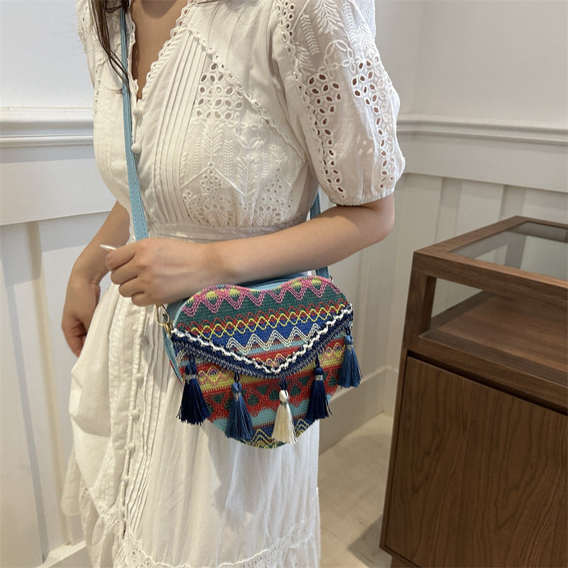 Ethnic style travel bag, special gift woven tassel bag