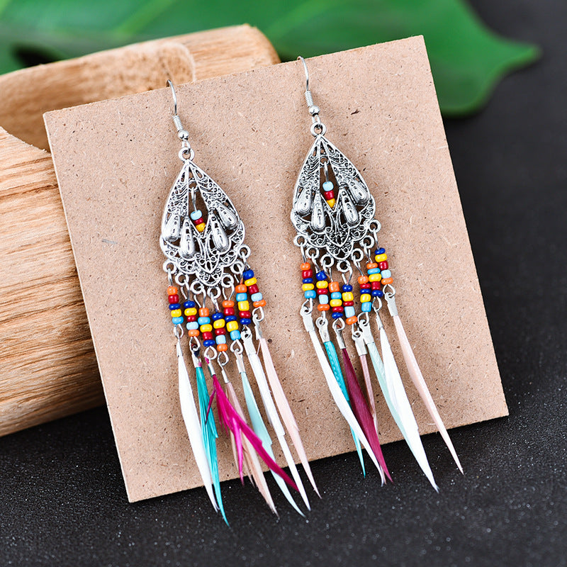 Bohemian style feather earrings, colorful and versatile long earrings, retro ethnic style earrings