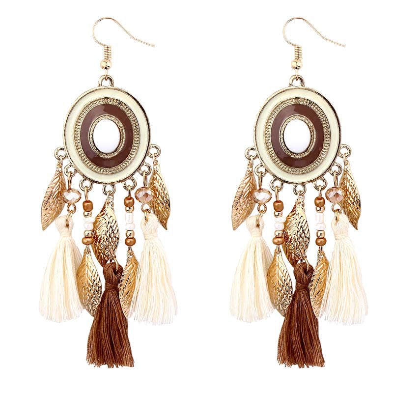 Ethnic style tassel long style versatile earrings gold leaf travel accessories