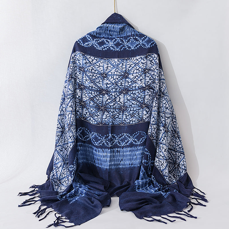 Retro ethnic style thin scarf imitation blue dye versatile literary long summer sun protection holiday shawl