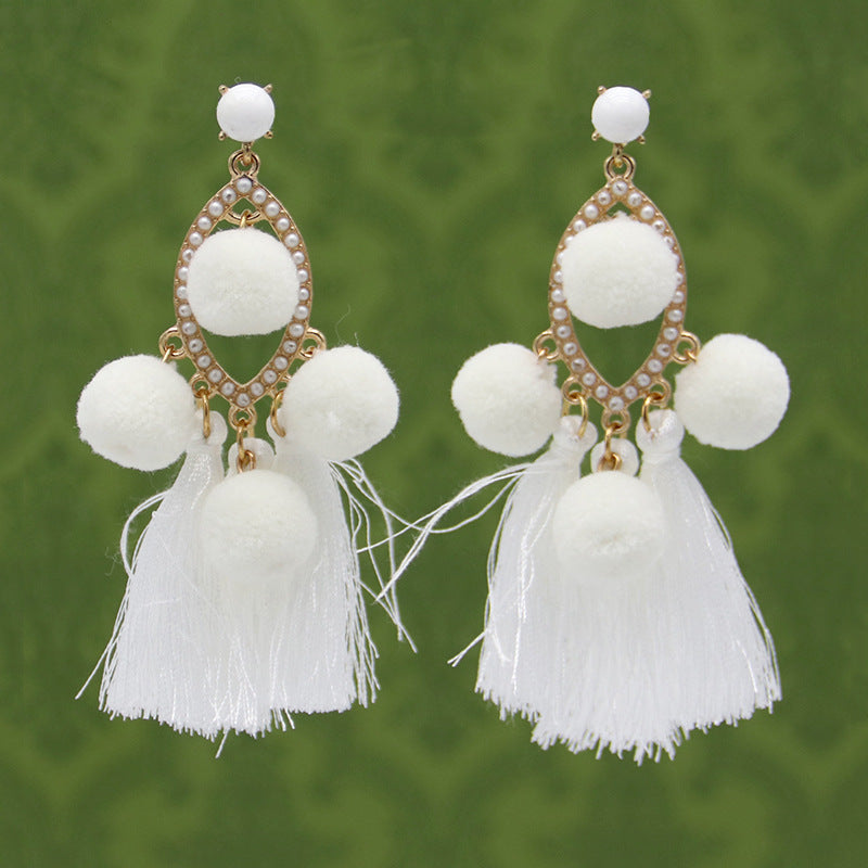 Ethnic style tassel temperament long earrings 925 silver hypoallergenic earrings colorful pom-poms diamond jewelry