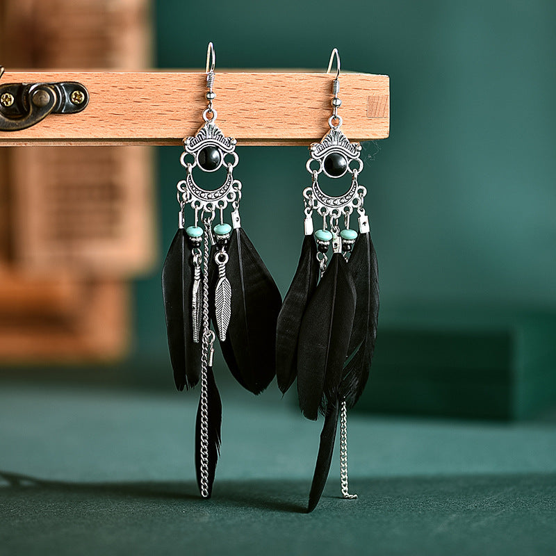 Retro long feather earrings, bohemian personalized pattern earrings earrings, ethnic holiday travel earrings