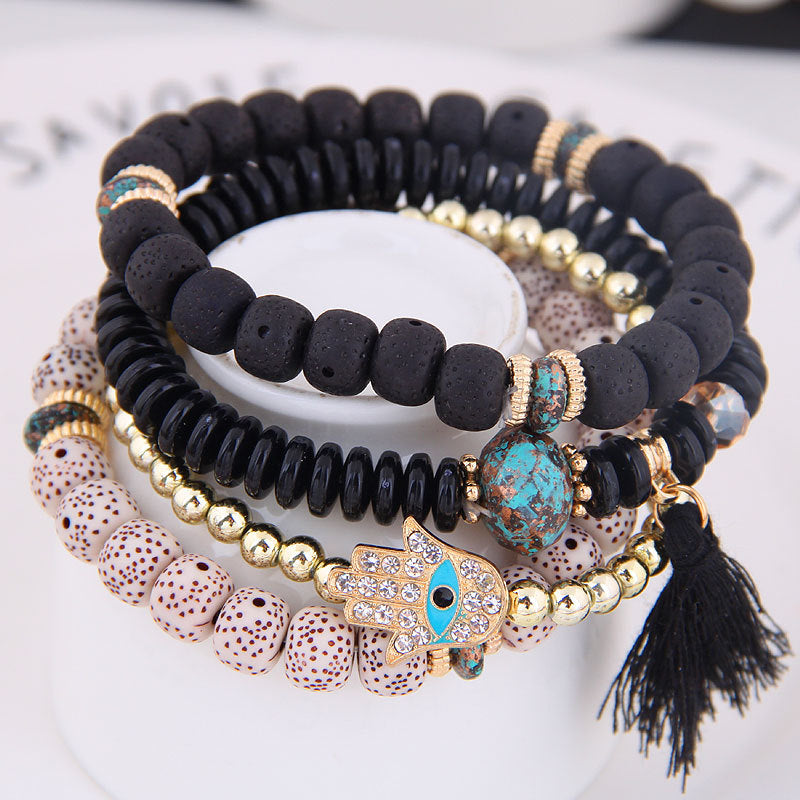 Ethnic style multi-layered bracelet Bohemian red glass bracelet tassel pendant hand rope jewelry