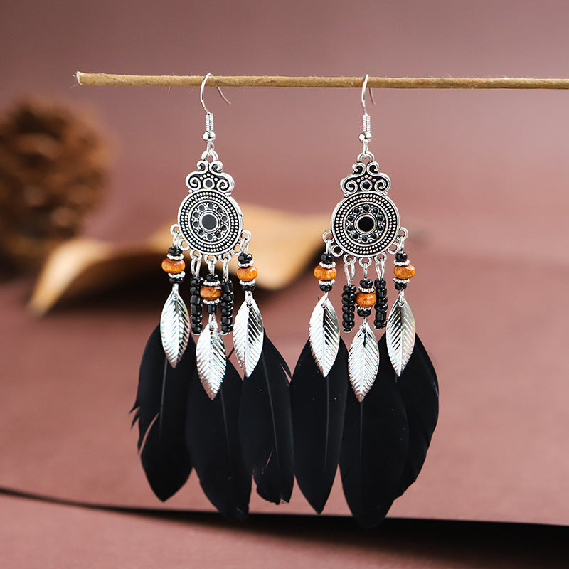 Chinese style red earrings festive feather tassel long earrings earrings