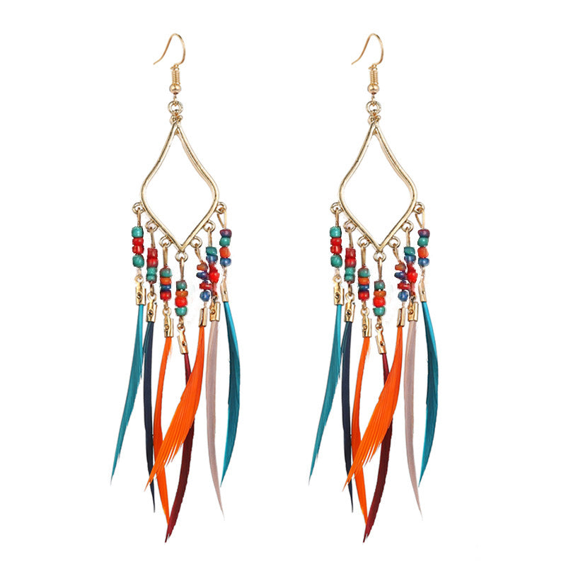 Boho slender feather earrings tassel geometric ear hook personality