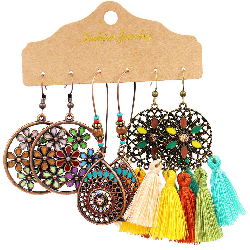 Personalized design earring combination set ethnic style oil painting color travel photography earrings