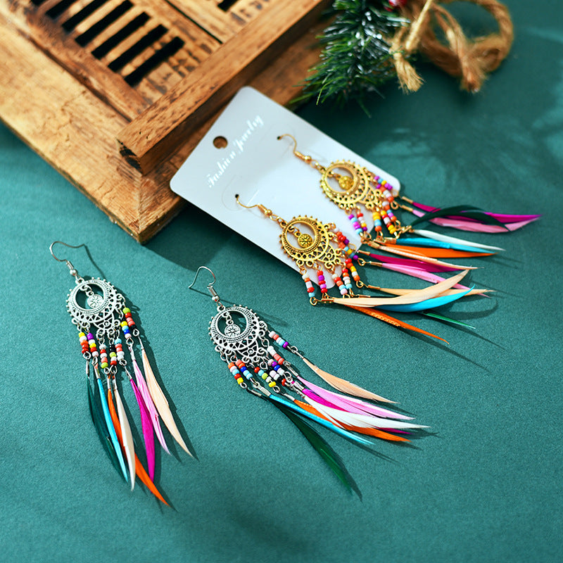 Bohemian style feather earrings, colorful and versatile long earrings, retro ethnic style earrings