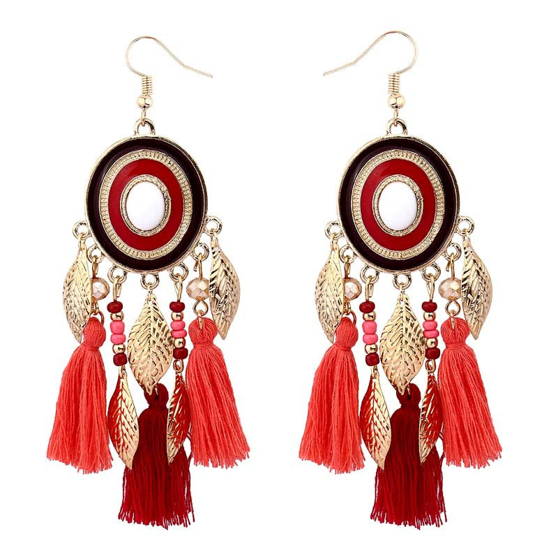 Ethnic style tassel long style versatile earrings gold leaf travel accessories