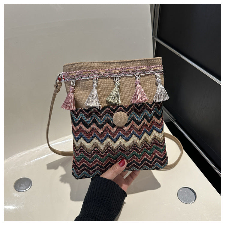 Ethnic holiday wave embroidered tassel crossbody bag