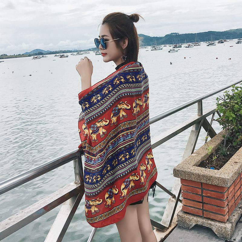 Ethnic style shawl thin versatile vacation beach towel summer sun protection silk scarf