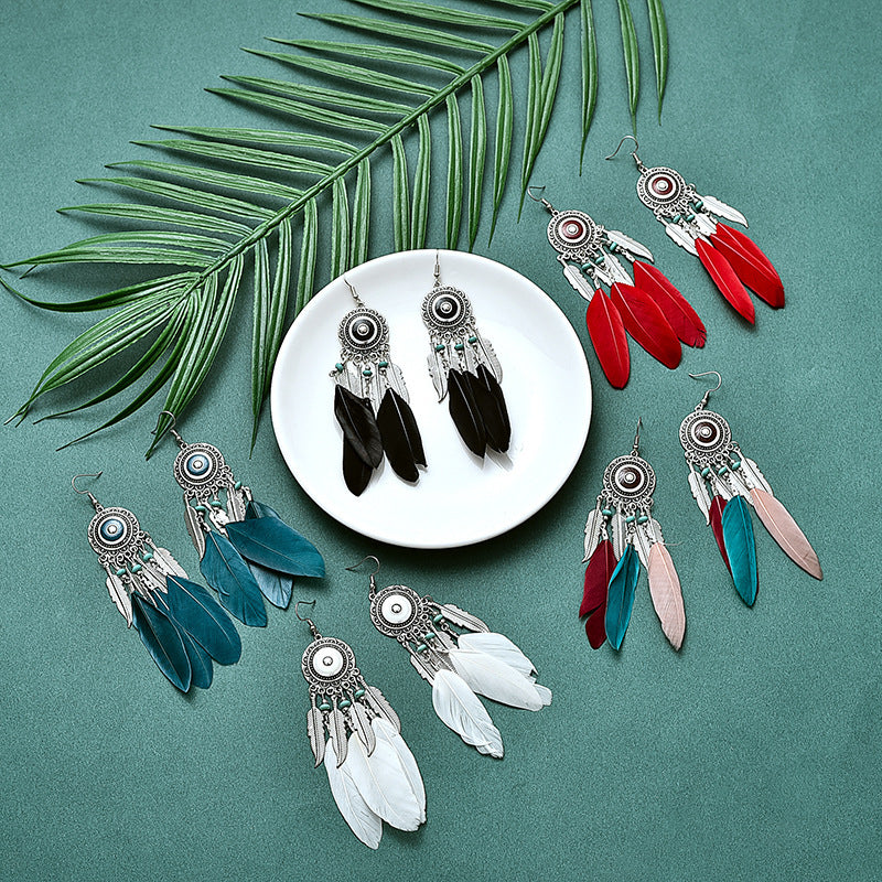 Retro feather earrings, versatile tassel long accessories, ethnic style performance accessories, niche design earrings