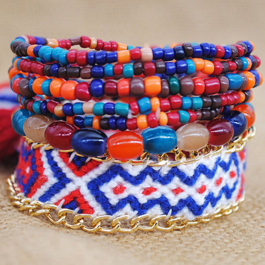 Braided bracelet colorful multi-layered beaded bracelet ethnic style handmade tassel rice bead jewelry