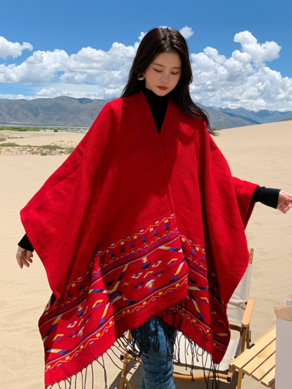 Ethnic style shawl retro literary hooded cloak travel photo cloak thickened warm scarf