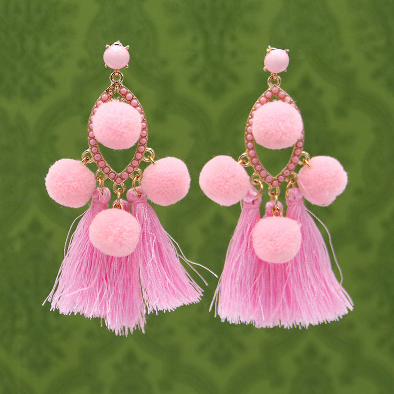 Ethnic style tassel temperament long earrings 925 silver hypoallergenic earrings colorful pom-poms diamond jewelry