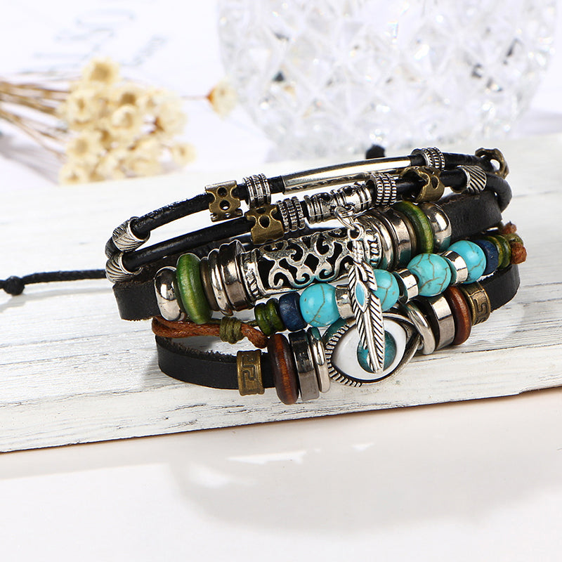 Personalized punk style multi-layered bracelet with eyes and turquoise bracelet, fashionable and versatile beads and leather rope