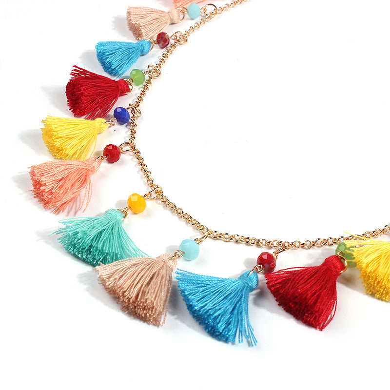 Ethnic style small tassel necklace, handmade bohemian color pendant, fashionable and versatile