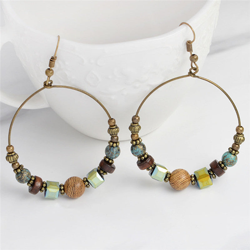 Retro ethnic style round hoop earrings with personalized beaded design and versatile earrings