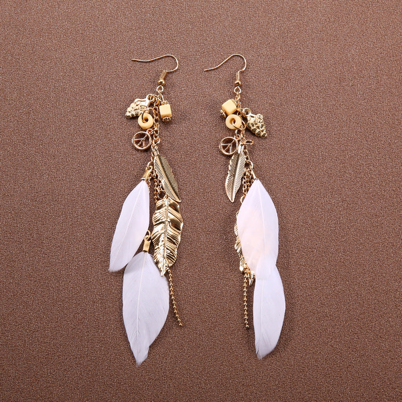 Ethnic style feather long earrings, retro rice beads tassel earrings, personalized versatile metal leaf pendant chain earrings