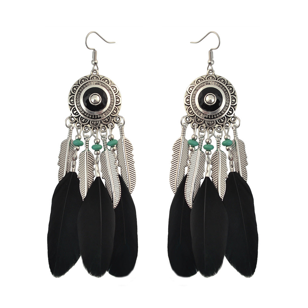 Retro feather earrings, versatile tassel long accessories, ethnic style performance accessories, niche design earrings