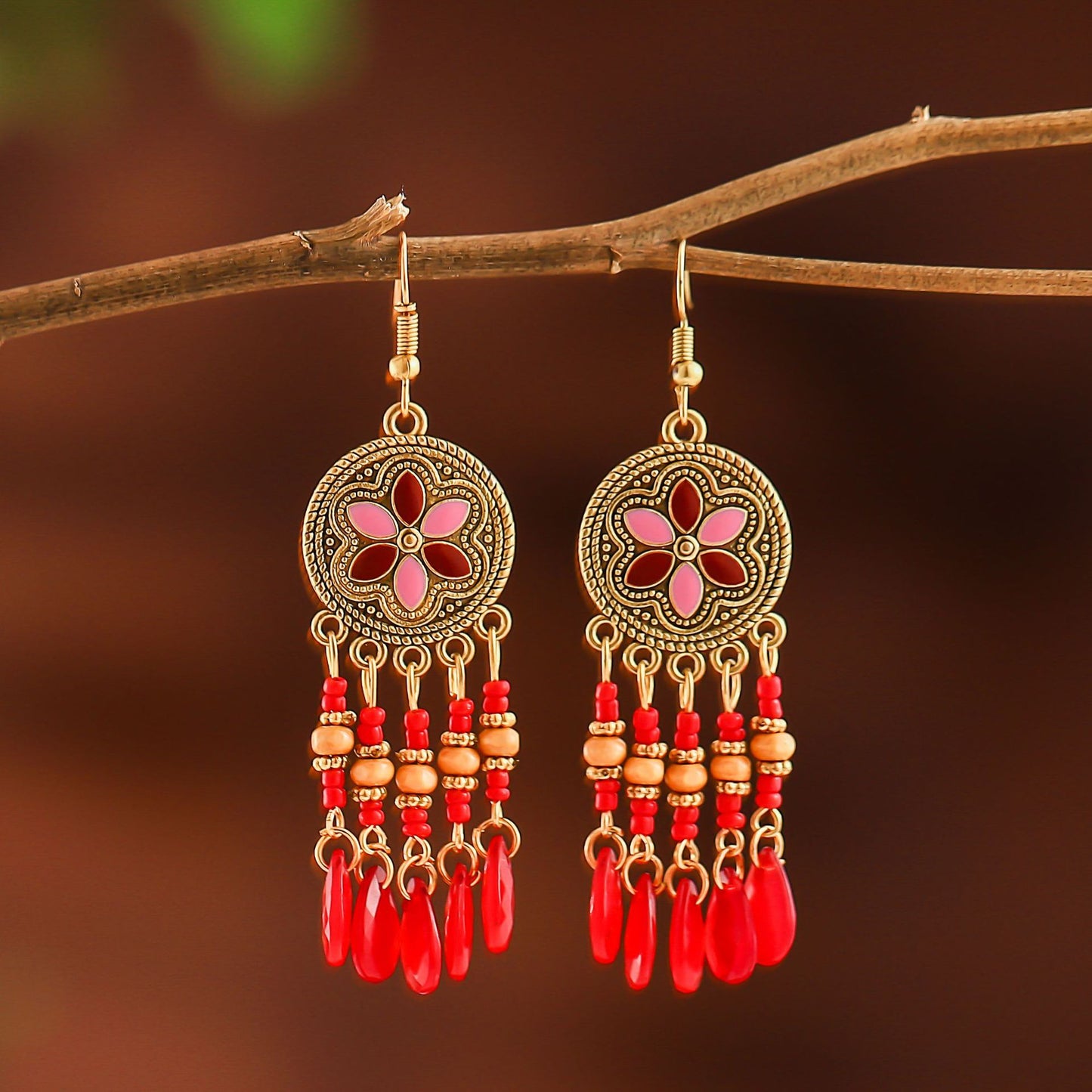 Bohemian style earrings, retro water drop tassels, trendy Yunnan style earrings, versatile personality and temperament earrings for women