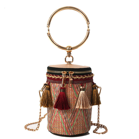 Cylindrical bag, ethnic style crossbody bag, artistic shoulder bag, tassel handbag