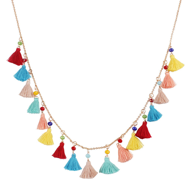 Ethnic style small tassel necklace, handmade bohemian color pendant, fashionable and versatile