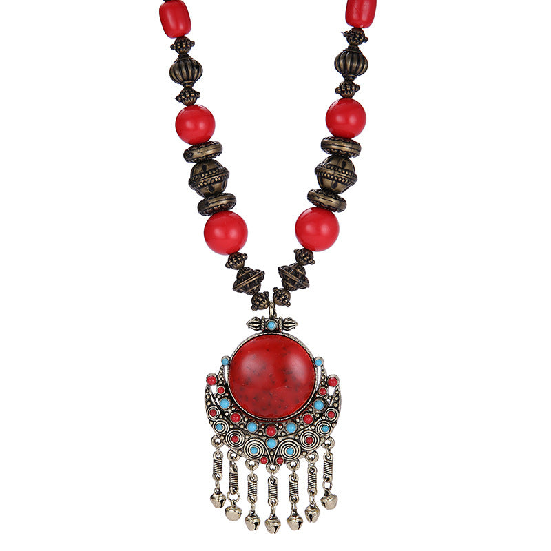 Ethnic Tibetan Decoration Bohemian Necklace Retro Bell Wooden Beads Sweater Chain Dance Pendant Red Gemstone