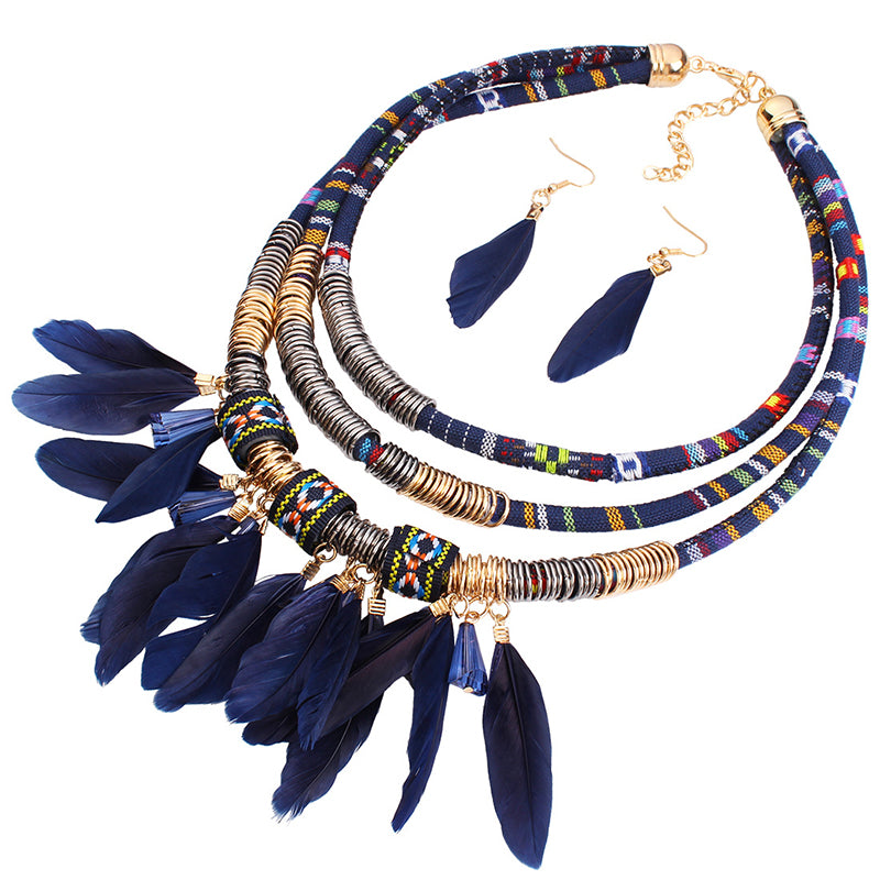 Bohemian multi-layered braided necklace feather pendant performance ethnic accessories