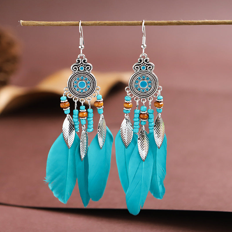 Chinese style red earrings festive feather tassel long earrings earrings