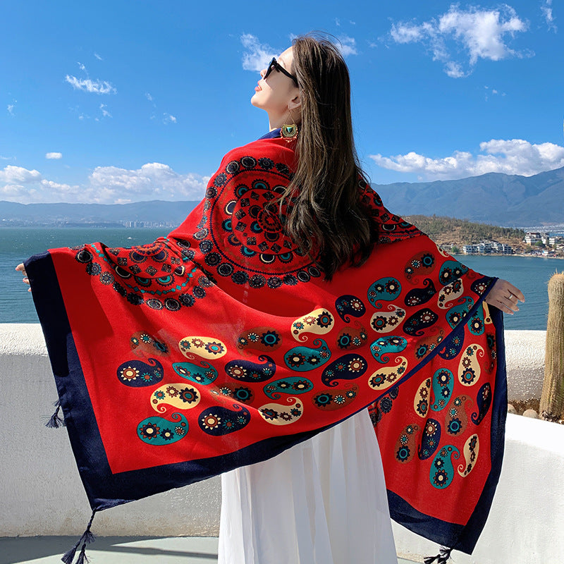 Silk scarf, beach towel, cotton and linen sunscreen shawl, bohemian ethnic style scarf