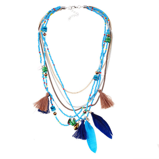 Ethnic style multi-layer necklace original handmade beaded feather small tassel sweater chain