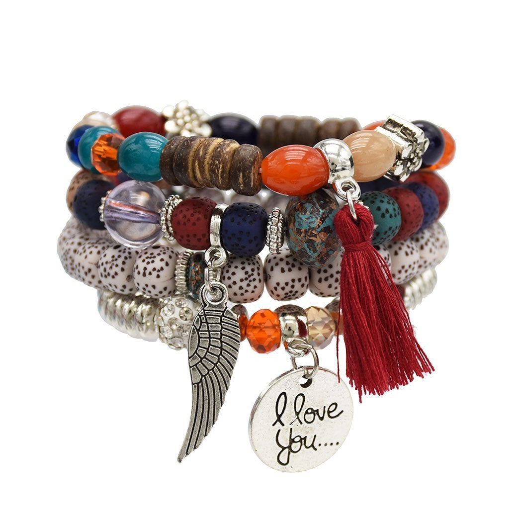 Bohemian multi-layer beaded bracelet rice beads colorful ethnic style bracelet elastic letters