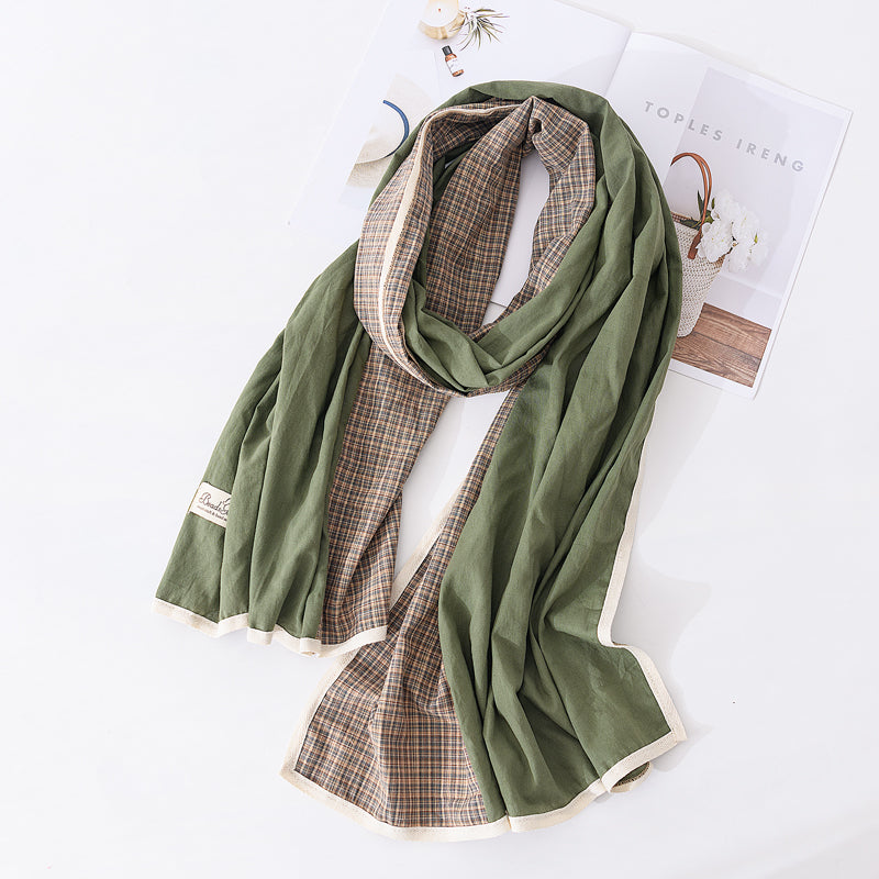 Scarf two-color imitation cotton and linen splicing color plaid ethnic style retro Korean version versatile spring and autumn scarf