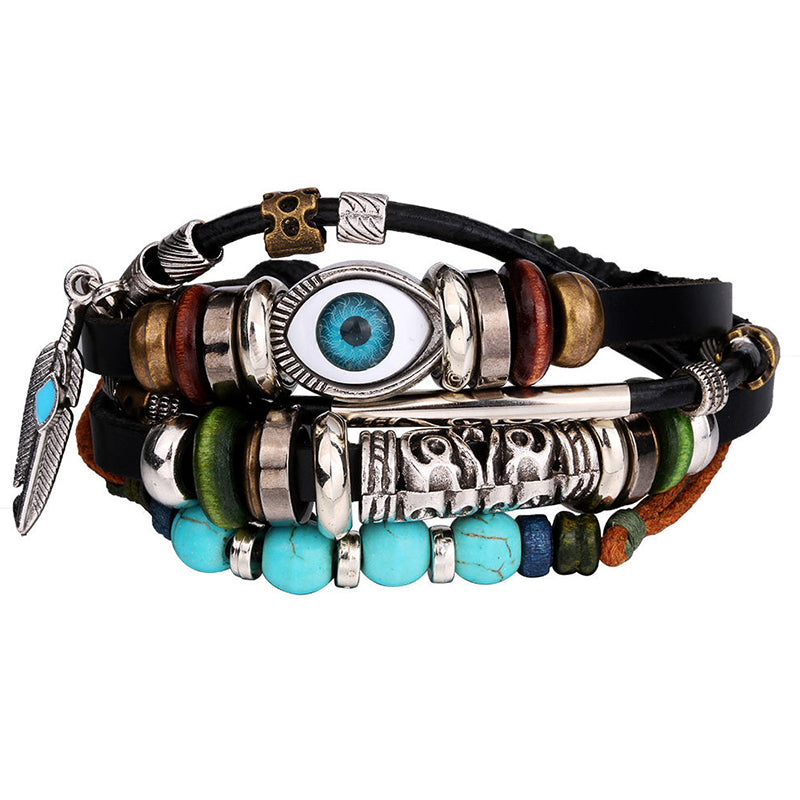 Personalized punk style multi-layered bracelet with eyes and turquoise bracelet, fashionable and versatile beads and leather rope