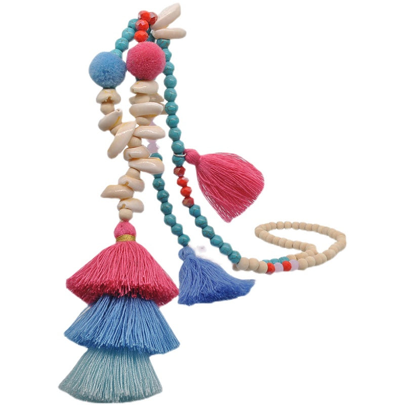 Ethnic style tassel long sweater chain hand-beaded shell tassel performance