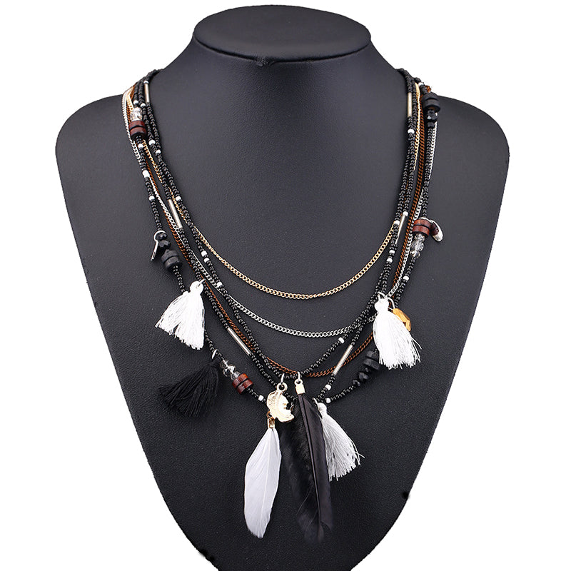 Ethnic style multi-layer necklace original handmade beaded feather small tassel sweater chain