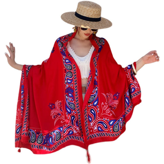 Ethnic style scarf, sun protection shawl, travel beach towel, thin red gauze scarf