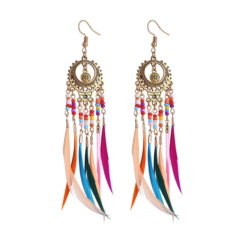 Bohemian style feather earrings, colorful and versatile long earrings, retro ethnic style earrings