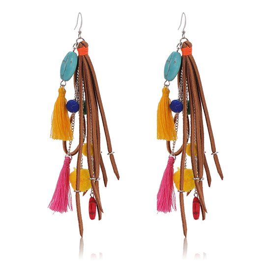 Ethnic style fur ball earrings for women, original handmade turquoise pendants, personalized Korean velvet tassel earrings, travel accessories