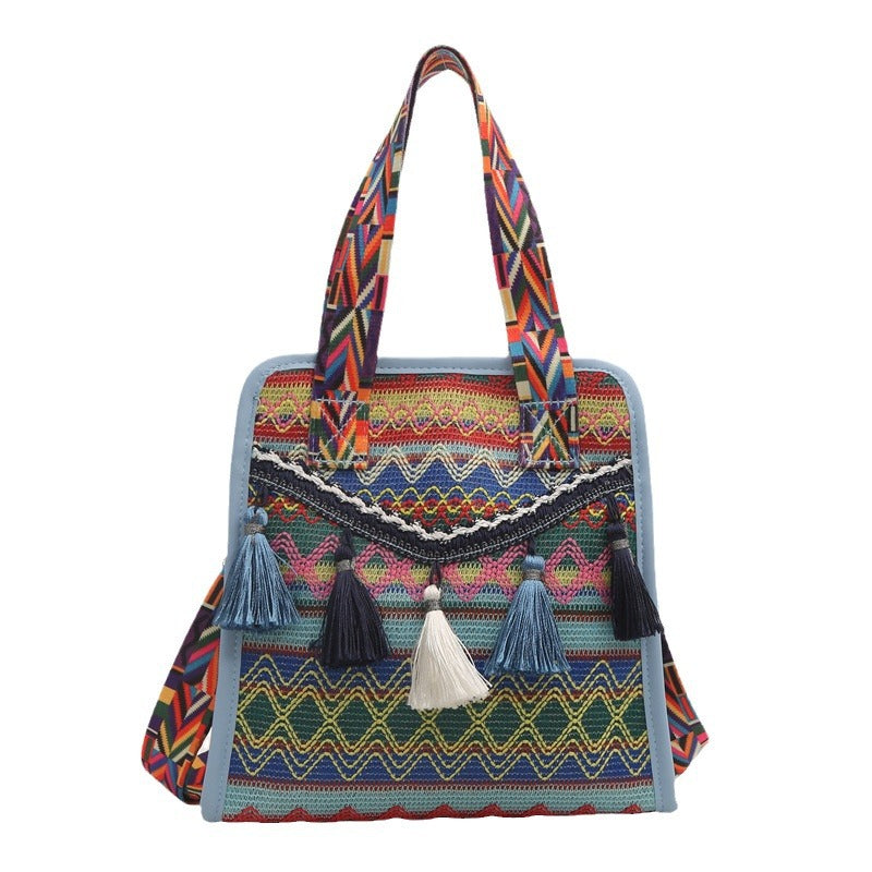 Ethnic style crossbody wide shoulder strap tassel bucket bag