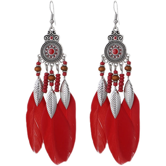 Chinese style red earrings festive feather tassel long earrings earrings