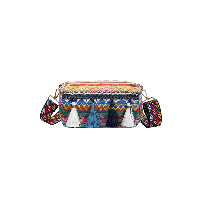 Ethnic style crossbody bag wide shoulder strap pillow bag