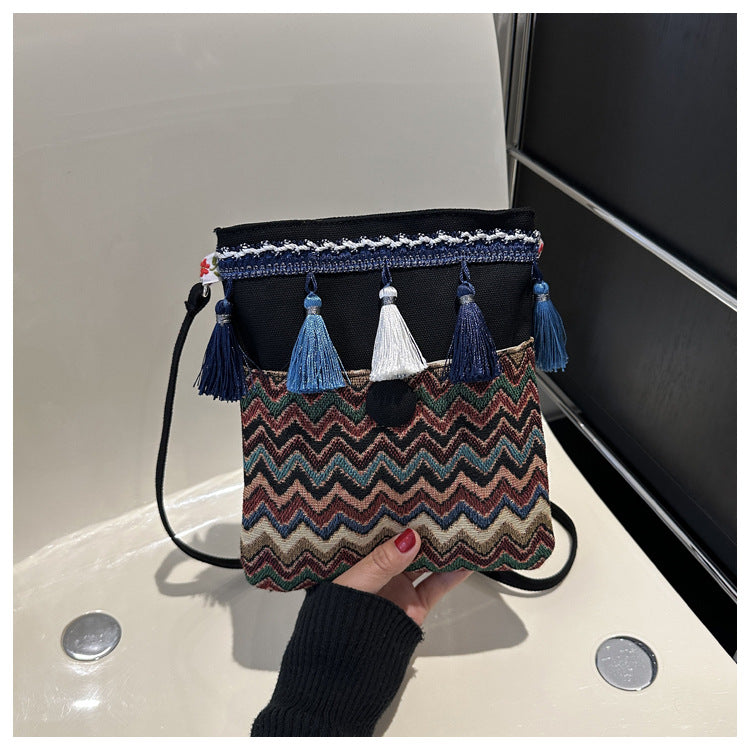 Ethnic holiday wave embroidered tassel crossbody bag