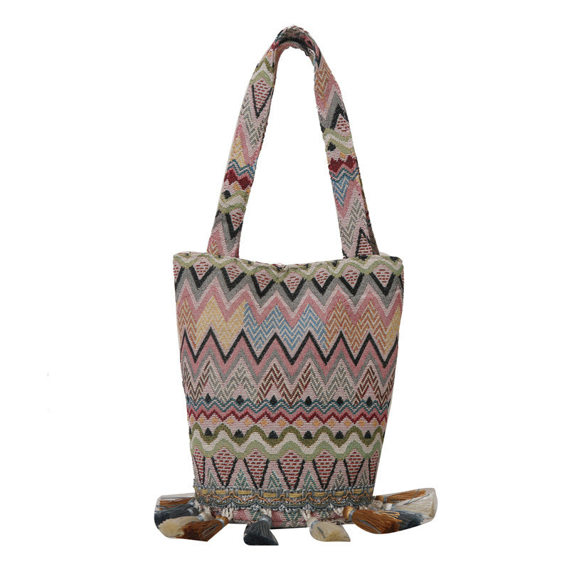 Retro bohemian bag ethnic style tassel mobile phone bag portable small square bag bucket bag woven bag cylinder