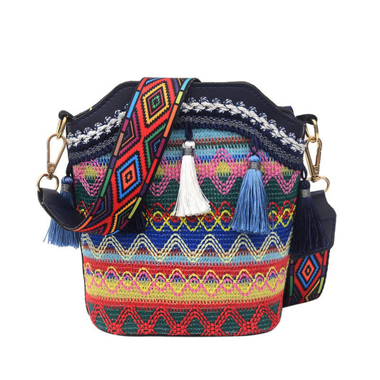 Tassel cylinder ethnic style crossbody bag