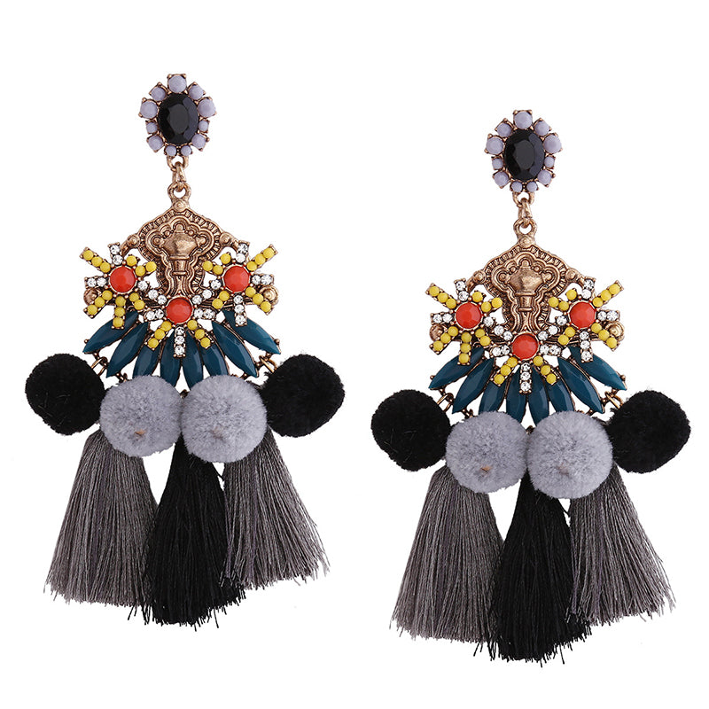 Tassel Earrings Furball Retro Colored Crystal Long Earrings