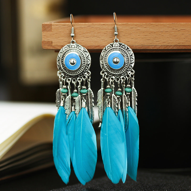 Retro feather earrings, versatile tassel long accessories, ethnic style performance accessories, niche design earrings