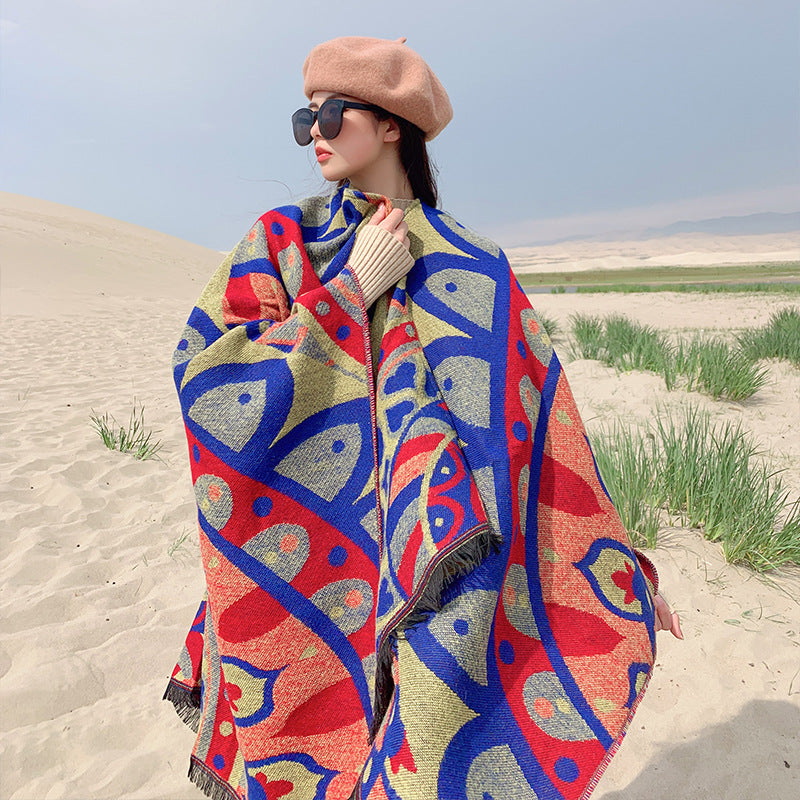 Cape and scarf dual-purpose thickened and warm ethnic style shawl